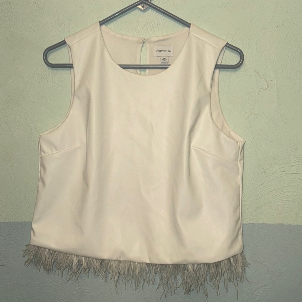 ⭐️ Holiday faux leather top with Feather trim🎅🏻
